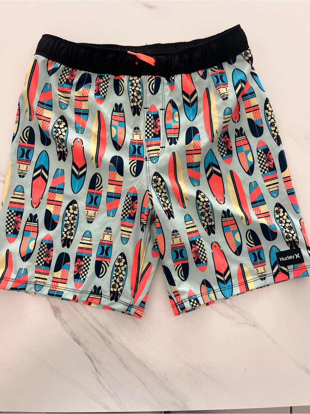 Hurley Light Blue Surfboard Pattern Boys' Swim Trunks with Black Waistband